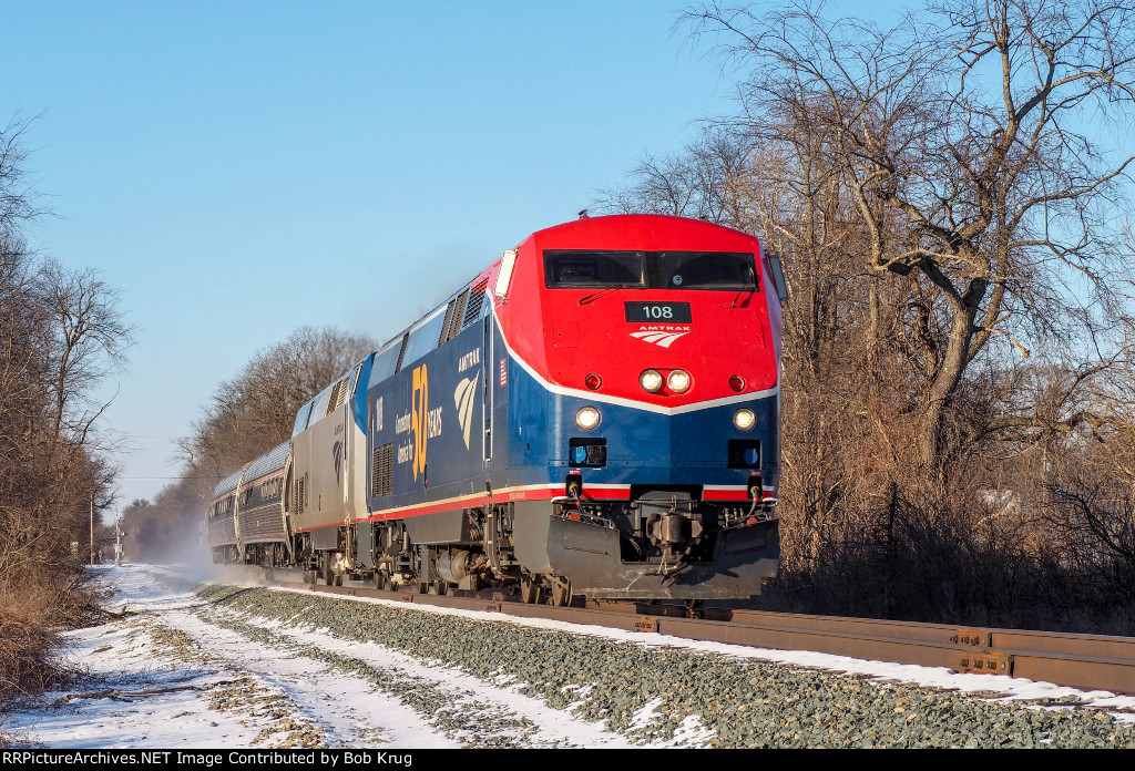 AMTK 108 leads the eastbound Boston section of the Lake Shore limited over the Post Road branch in South Schodack, NY